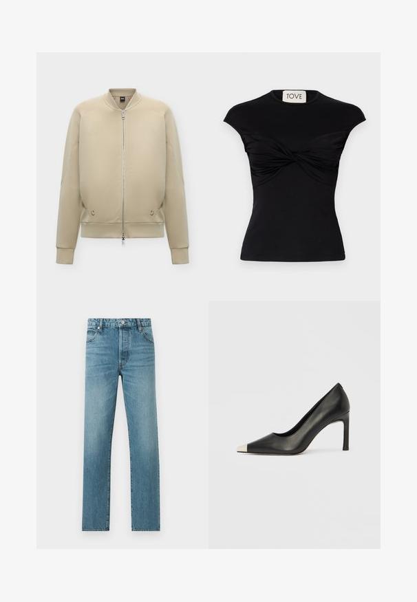 Veste bomber beige avec fermeture éclair intégrale à l'avant, col, poignets et ourlet côtelés, et poches latérales discrètes.; Haut noir à manches courtes avec un détail de devant torsadé et une silhouette ajustée. Fabriqué en tissu extensible et lisse. Étiquette : TOVE.; Jean en denim bleu à jambes droites avec poches avant, fermeture par bouton et passants pour ceinture, présenté à plat sur un fond clair.; Chaussure à talon haut en cuir noir avec bout pointu et capuchon argenté métallique. Présente une finition lisse et un talon fin de 10 cm.