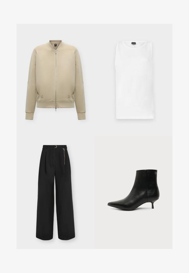 Veste bomber beige avec fermeture éclair intégrale à l'avant, col, poignets et ourlet côtelés, et poches latérales discrètes.; Débardeur blanc sans manches avec encolure ronde et petit logo embossé centré sous l'encolure.; Pantalon noir taille haute à jambes larges avec plis, ceinture assortie avec boucle dorée et accessoire chaîne dorée sur le côté droit.; Bottine en cuir noir avec bout pointu et petit talon kitten sur fond clair, vue côté extérieur.