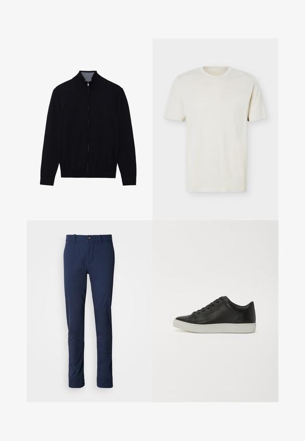 Zwarte zip-up jas met een hoge kraag, geribde manchetten en twee zijzakken. Gemaakt van een gladde, textuurrijke stof.; Effen gebroken wit T-shirt met korte mouwen en ronde hals, met subtiel logo op de linkerborst, weergegeven op een effen witte achtergrond.; Navyblauwe broek van gladde stof, met een rechte pijp, een ritsluiting en een enkele voorkantzak met een knoopsluiting.; Zwarte leren sneakers met een ronde neus, een platte witte rubberen zool en een vetersluiting met zes oogjes. Gladde textuur, minimalistische stijl.