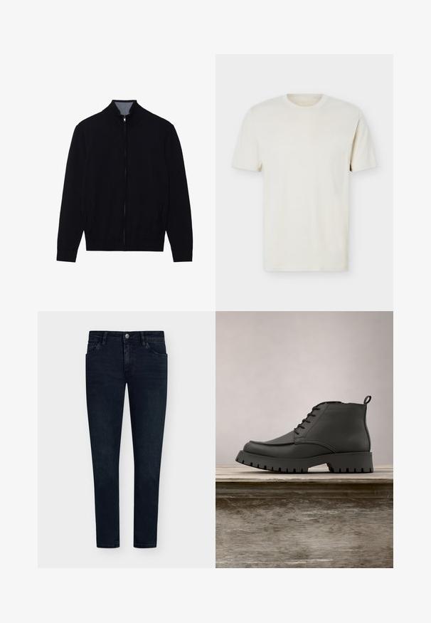 Zwarte zip-up jas met een hoge kraag, geribde manchetten en twee zijzakken. Gemaakt van een gladde, textuurrijke stof.; Effen gebroken wit T-shirt met korte mouwen en ronde hals, met subtiel logo op de linkerborst, weergegeven op een effen witte achtergrond.; Donkerblauwe denim jeans met een slim fit, vijfzakkenontwerp, knoopsluiting en minimale vervaging. Rechte voorkant en smalle beenopeningen.; Zwarte leren enkelboot met een ronde neus, veters en een dikke, robuuste zool met diepe groeven. Verhoogd op een houten oppervlak.