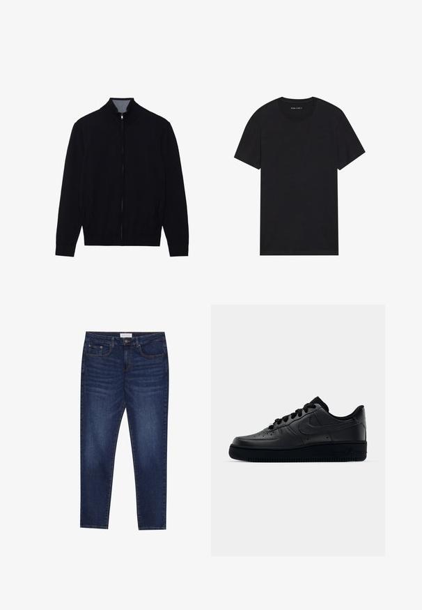Zwarte zip-up jas met een hoge kraag, geribde manchetten en twee zijzakken. Gemaakt van een gladde, textuurrijke stof.; Zwarte katoenen t-shirt met korte mouwen en een ronde hals. De stof heeft een gladde textuur en een eenvoudig, effen ontwerp.; Donkerblauwe slim-fit jeans met vijf zakken, knoopsluiting en contrasterende stiksels, gelabeld Pier One op de tailleband.; Zwarte Nike Air Force 1 sneaker met een gladde leren bovenkant, geperforeerde neus voor ademend vermogen, zwarte veters en een getextureerde rubberen zool.