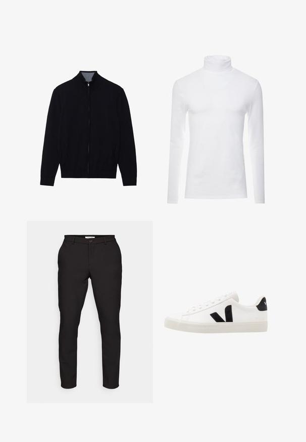 Chaqueta negra con cremallera y cuello alto, puños de canalé y dos bolsillos laterales. Fabricada en un material suave y texturizado.; Camisa de cuello alto de manga larga blanca, hecha de un tejido suave y elástico. Presenta un diseño ajustado que proporciona una silueta estilizada.; Pantalones negros ajustados de corte entallado. Cuentan con cremallera, cierre de botón, bolsillos laterales y una tela suave y ligera.; Zapatilla de cuero blanca con acentos de ante negro; presenta una suela de goma, puntera redonda y un diseño clásico de cordones. Logo lateral en negro.