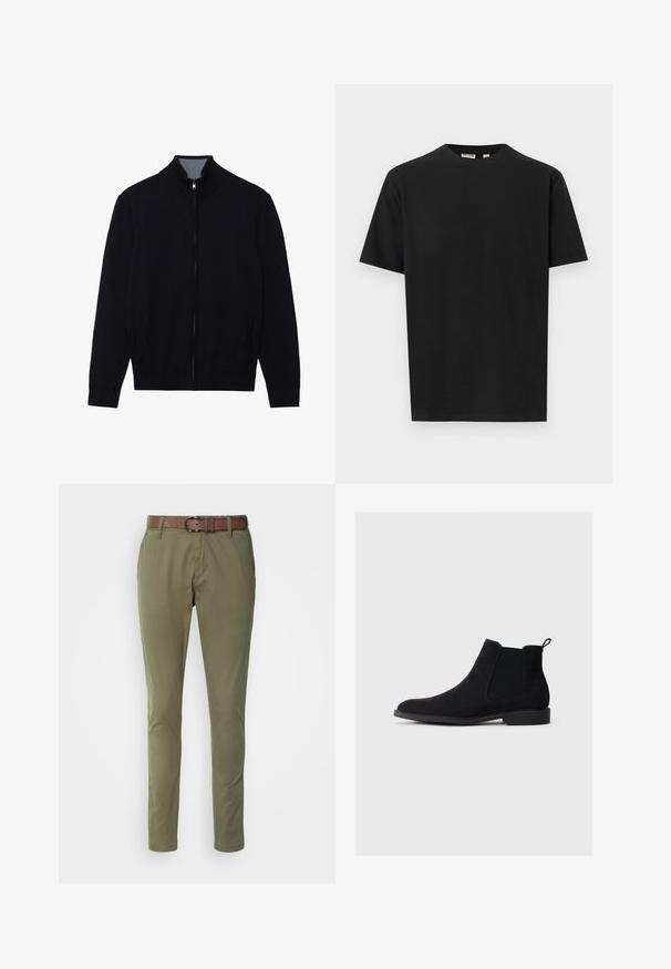 Zwarte zip-up jas met een hoge kraag, geribde manchetten en twee zijzakken. Gemaakt van een gladde, textuurrijke stof.; Zwart T-shirt met korte mouwen en ronde hals, met een rechte zoom, afgebeeld tegen een effen lichtgrijze achtergrond.; Olijfgroene broek van een katoenmix, met een bruine leren riem, slim fit ontwerp en platte voorkant met twee zijzakken.; Zwarte suede Chelsea boots met elastische zijkanten, ronde neus, trekband en een lage blokhak, ontworpen voor gemakkelijk aantrekken.