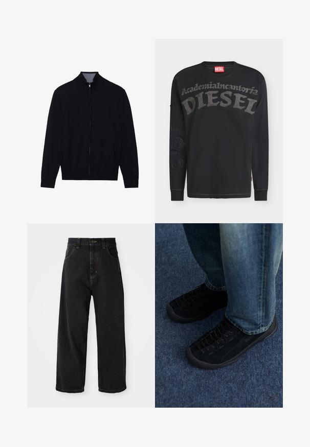 Zwarte zip-up jas met een hoge kraag, geribde manchetten en twee zijzakken. Gemaakt van een gladde, textuurrijke stof.; Zwarte Diesel trui met lange mouwen met grote grijze tekst "Academia Incantoria DIESEL" over de borst en subtiel ontwerp op de linkermouw.; Zwarte wijde denim jeans met hoge taille, voorste knoop, rits en gele stiksels op de zakken en naden.; Zwarte nubuck sneakers met een gestructureerd oppervlak, subtiele veters en duurzame rubberen zolen, gecombineerd met blauwe spijkerbroeken.