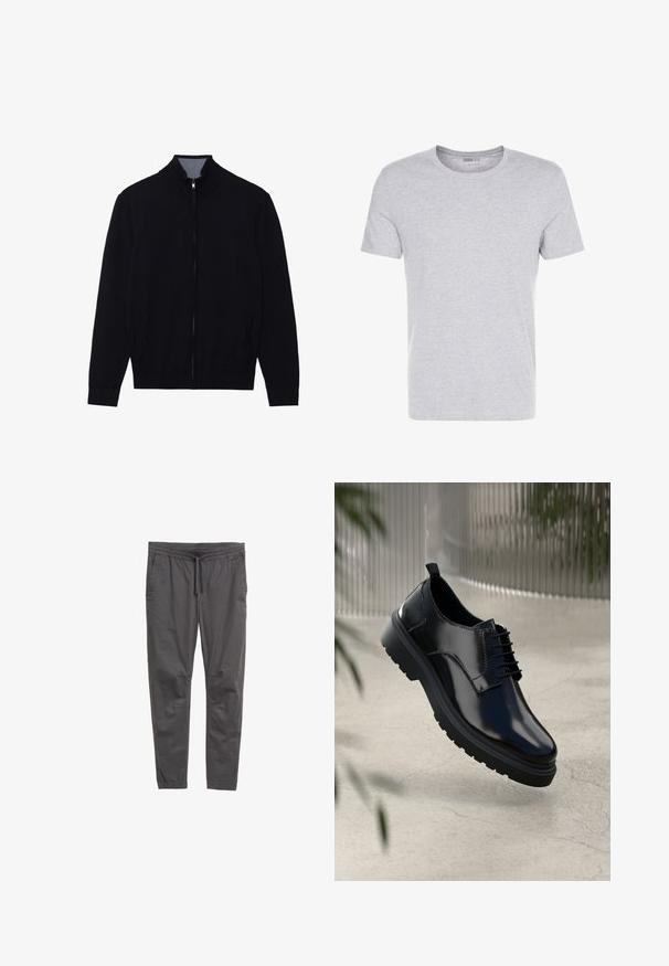 Zwarte zip-up jas met een hoge kraag, geribde manchetten en twee zijzakken. Gemaakt van een gladde, textuurrijke stof.; Grijze katoenen t-shirt met een ronde hals, korte mouwen en een eenvoudige uitstraling, met een zachte, gladde textuur en zonder zichtbare patronen of versieringen.; Zwarte, lichte broek met een elastische tailleband en een trekkoord. Beschikt over taps toelopende pijpen en zijzakken voor praktisch gebruik.; Zwarte leren schoen met een glanzende afwerking, ronde neus, vetersluiting, contrasterende stiksels en een dikke rubberen zool met profielpatronen.
