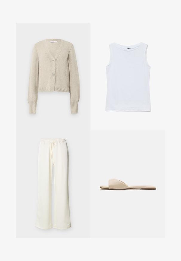 Beige strikket cardigan med lange ærmer, V-hals, ribbede manchetter og kant, samt to dekorative sølvfarvede bueformede knapper.; Ærmeløs hvid bomuldstop med bred rund halsudskæring og lige kant, vist fladt på en hvid baggrund.; Flødefarvede bukser med brede ben, elastisk taljebånd og bindesnor foran, vist mod en ensartet lys baggrund.; Flade sandaler i blødt beige materiale, med åben tå design, glat struktur og minimalistisk form med en lysbrun sål.