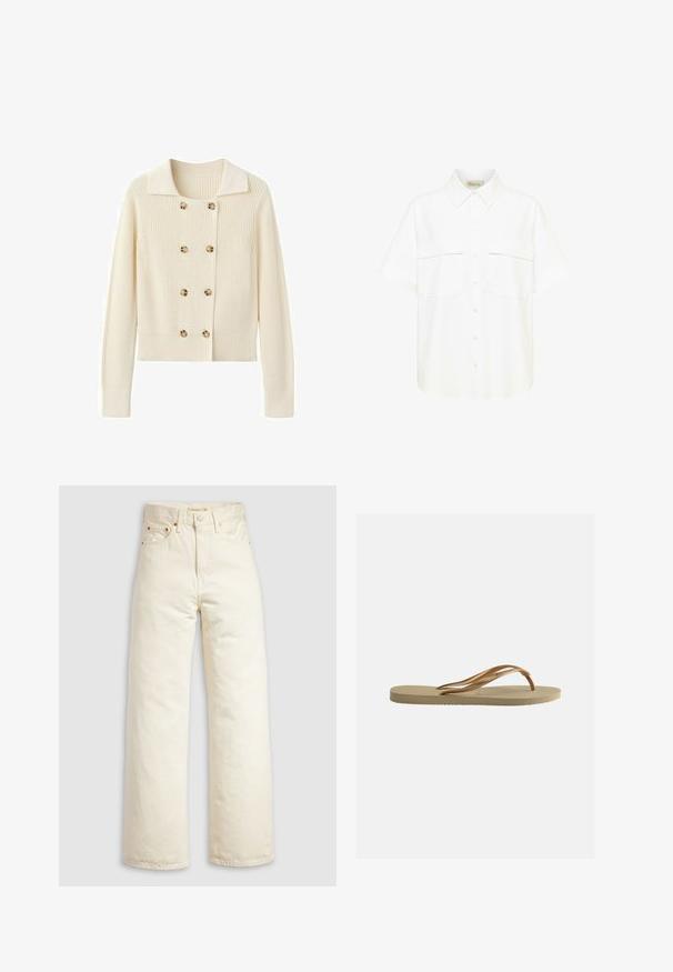 Cardigan en maille de couleur crème avec des boutons double boutonnage en écaille de tortue, un large col, des poignets et une ceinture côtelés.; Chemise blanche à manches courtes avec col pointu et deux grandes poches poitrine, présentée sur un fond blanc.; Jean à jambes larges en denim écru, doté d'une taille haute, de rivets en cuivre et d'un design classique à cinq poches. Tissu texturé avec des ourlets nets.; Tongs beige avec semelle texturée et brides métalliques bronze en forme de Y sur fond blanc uni.