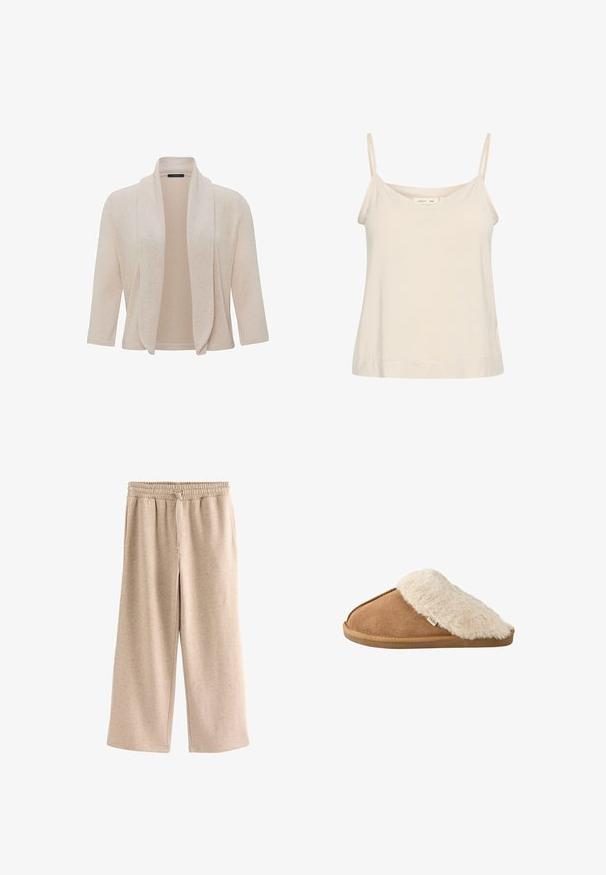Gilet beige avec une texture tricotée douce, un design à l'avant ouvert et des manches trois-quarts. Tissu lisse avec des détails de couture subtils.; Camisole beige clair en tissu doux, avec de fines bretelles réglables et un décolleté en V, offrant une coupe légèrement décontractée.; Pantalon beige à jambes larges avec taille élastique et cordon, en tissu doux et moucheté.; Chausson marron à enfiler avec doublure et semelle en fausse fourrure beige douce, vue de côté sur fond blanc.