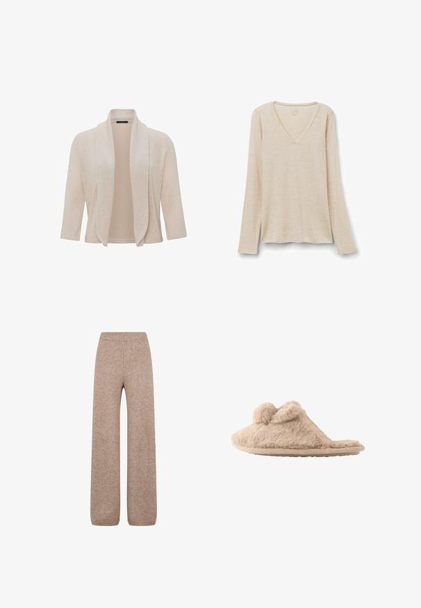 Gilet beige avec une texture tricotée douce, un design à l'avant ouvert et des manches trois-quarts. Tissu lisse avec des détails de couture subtils.; Haut à manches longues en tissu beige clair avec une texture douce. Coupe décontractée avec un ourlet droit et un design minimaliste.; Pantalons larges en tricot de couleur marron clair avec une taille et des poignets côtelés, présentant un tissu doux et texturé. Pas de poches visibles.; Chausson beige duveteux à enfiler avec deux pompons sur le dessus et une semelle plate, conçu pour une utilisation intérieure.