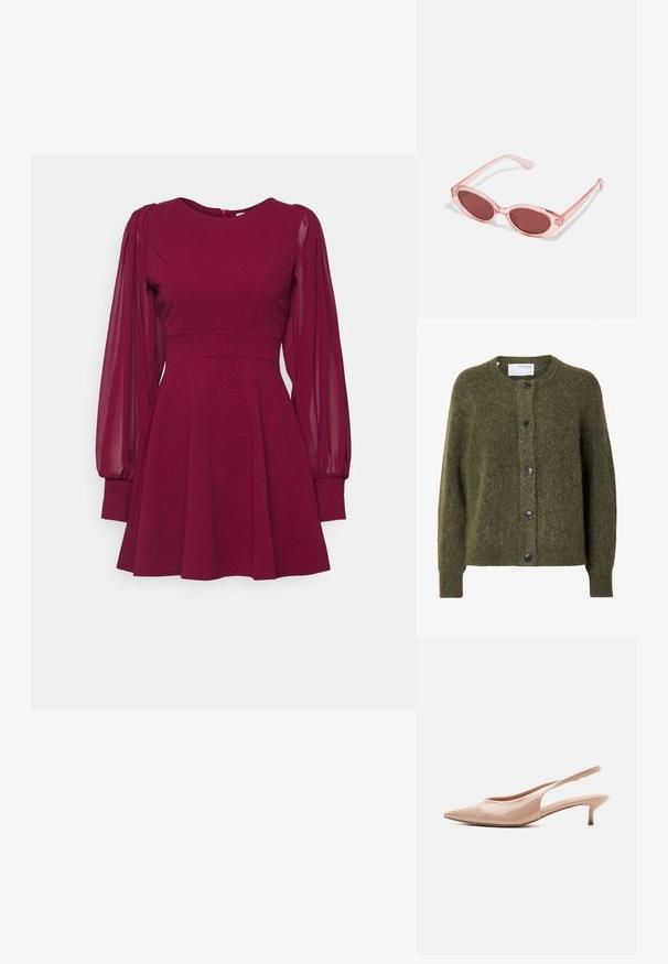 Mørk olivengrøn, blød cardigan med knapper, lange ærmer og rund halsudskæring, mærket "SELECTED FEMME" indeni kraven.; Bordeauxkjole med tætsiddende liv, flagrende skirt og gennemsigtige lange ærmer; har en rund halsudskæring og en skjult lynlås i ryggen.; Beige patentlædersenden skobåndsandal med spids tå og lav kittenhæl, vist i profil mod en hvid baggrund.; Lyserøde transparente solbriller med ovale linser, mørkerød toning og slanke stænger, der har en glat overflade og diskret detaljering på rammen.