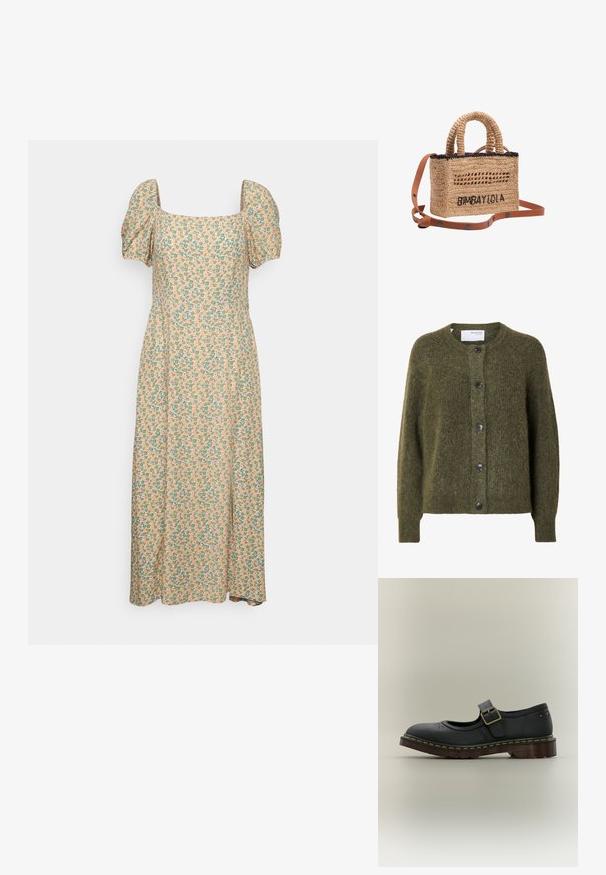 Donkergroene, zachte, gebreide cardigan met knopen, lange mouwen en een ronde hals, met het label "SELECTED FEMME" aan de binnenkant van de kraag.; Even&Odd Jurk - green/pink; Zwarte leren Mary Jane-schoen met een gespsluiting, decoratieve bloemperforaties en een dikke bruine zool met gele stiksels.; Gevlochten strohandtas met korte handvatten, zwarte afwerking, zwart geborduurde tekst "BIMBA Y LOLA" en afneembare bruine leren riem met knopdetails.