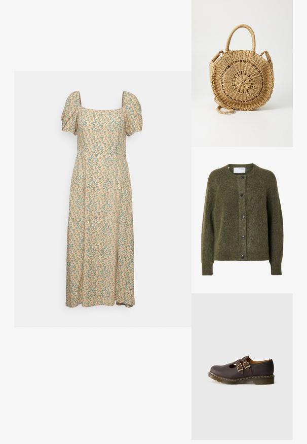 Mørk olivengrøn, blød cardigan med knapper, lange ærmer og rund halsudskæring, mærket "SELECTED FEMME" indeni kraven.; Even&Odd Hverdagskjole - green/pink; Mørkebrun lædersko med dobbelte spænder, perforeret tådesign og tyk, gennemsigtig sål med gul syning.; ONLY ONLPENELOPE BEACH ROUND CROSSOBODY - Skuldertasker - toasted coconut