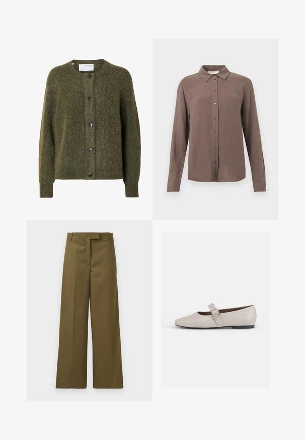 Dunkel olivgrüner, flauschiger Cardigan mit Knopfleiste, langen Ärmeln und rundem Ausschnitt, innen am Kragen mit „SELECTED FEMME“ beschriftet.; Braunes Langarmhemd mit spitzem Kragen, durchgehender Knopfleiste und weicher Textur. Einfaches Design ohne Muster oder Verzierungen.; Olivgrüne, weit geschnittene Hosen aus strukturiertem Stoff mit flacher Vorderseite, Gürtelschlaufen und Seitentaschen, die eine maßgeschneiderte Passform und klare Linien bieten.; Beige Leder-Mary-Jane-Ballerinas mit spitzem Schuhkopf, Knöchelriemen und silbernem Schnallen-Detail, ausgestattet mit einem niedrigen schwarzen Absatz.