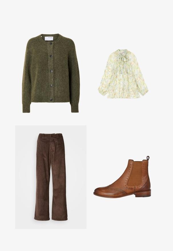 Mørk olivengrøn, blød cardigan med knapper, lange ærmer og rund halsudskæring, mærket "SELECTED FEMME" indeni kraven.; Gennemsigtig bluse med lange ærmer, pastelblomstret mønster, knapper foran og sløjfe ved halsen.; Brune fløjl bukser med en bred benudskæring, der har lodrette ribber og en talje. Stoffet har et blødt, tekstureret udseende.; Brune læder Chelsea-støvle med elastiske sidepaneler, brogue-detaljer og en pull tab. Har en rund tå og en stablet hæl.