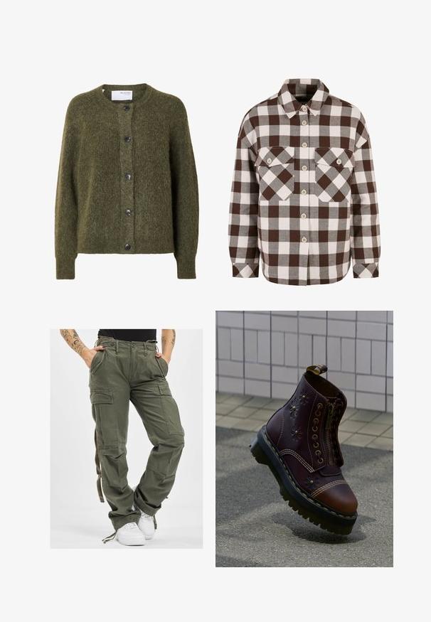 Mørk olivengrøn, blød cardigan med knapper, lange ærmer og rund halsudskæring, mærket "SELECTED FEMME" indeni kraven.; Brun og hvid plaid knap-op skjorte med to brystlommer, der har en klassisk krave og knap-ned foran. Blød stofstruktur.; Olivengrønne cargo-bukser med flere lommer, snøre i taljen og afslappet pasform. Stoffet har en blød tekstur og en robust, holdbar fremtoning.; Mørkebrune læderstøvler med blomstret prægning, frontlynlås, tyk sort sål med gul syning, svævende over tekstureret fortov nær flisebelagt væg.