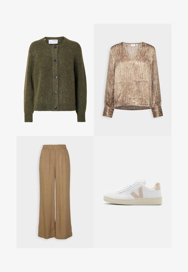 Mørk olivengrøn, blød cardigan med knapper, lange ærmer og rund halsudskæring, mærket "SELECTED FEMME" indeni kraven.; VILA VISALLY V NECK - Bluse - birch; Saint Tropez TRACY PANTS - Bukser - tan/skin; Hvide sneakers med beige suede detaljer, rund tå og hvide snørebånd. Tekstureret gummisål og logo detaljer på hælen.