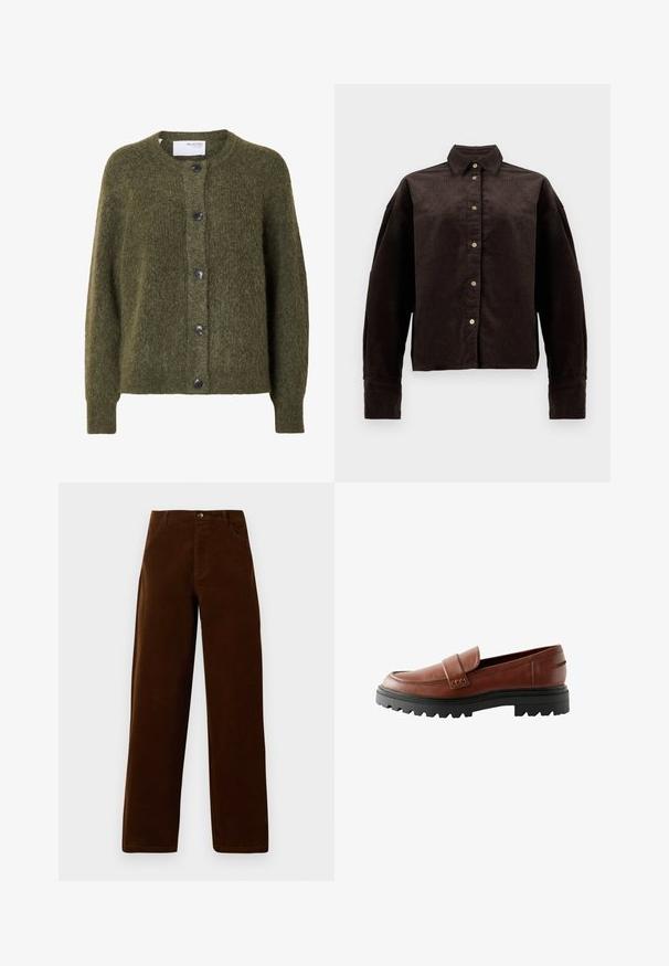 Donkergroene, zachte, gebreide cardigan met knopen, lange mouwen en een ronde hals, met het label "SELECTED FEMME" aan de binnenkant van de kraag.; Bruine corduroy overhemd met een kraag, knopen aan de voorkant en lange mouwen. Heeft een gestructureerde stof en een iets oversized pasvorm.; Bruine corduroy rechte pijpenbroek met zijzakken, riemlussen en knoopsluiting op een witte achtergrond.; Bruine leren loafers met een verhoogde neus, decoratieve band en een geprofileerde zwarte rubberen zool met opvallend profiel.