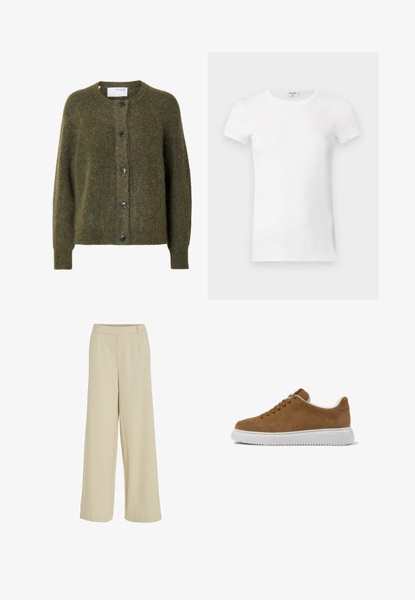 Cárdigan oscuro verde oliva con textura suave, botones, mangas largas y escote redondo, con etiqueta "SELECTED FEMME" en el interior del cuello.; Camiseta blanca de manga corta y con cuello redondo, de tejido acanalado. La tela parece suave y tiene una silueta ajustada. Etiqueta de marca visible en el cuello.; Pantalones de pierna ancha en una tela beige clara, con cintura elástica y pliegues delanteros, textura suave sin patrones o herrajes visibles.; Zapatilla de ante marrón con suela de goma blanca, diseño con cordones y marca sutil en la parte trasera. Presenta una textura suave y forma de punta redondeada.