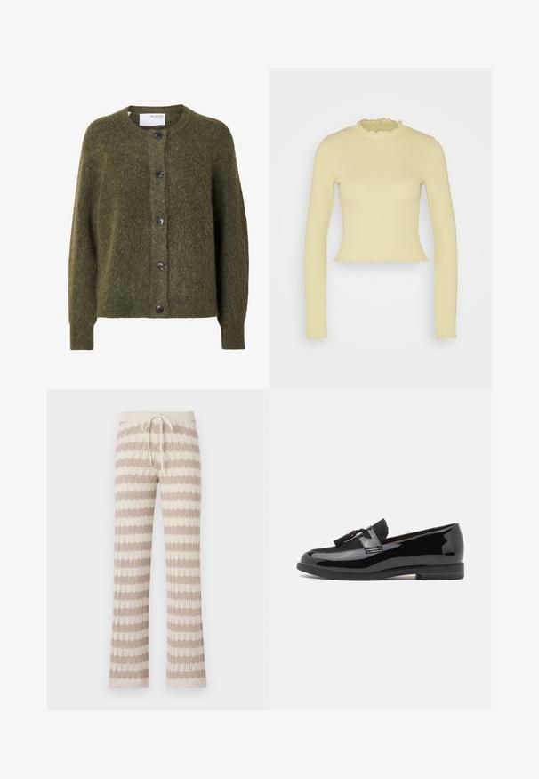 Dunkel olivgrüner, flauschiger Cardigan mit Knopfleiste, langen Ärmeln und rundem Ausschnitt, innen am Kragen mit „SELECTED FEMME“ beschriftet.; Even&Odd Langarmshirt - green; Gestrickte Loungehosen mit beige- und cremefarbenen vertikalen Streifen, ausgestattet mit einem Kordelzugbund und einer offenen Strickstruktur.; Schwarze Lackleder-Lederschuhe mit runder Zehenform, dekorativem schwarzen Wildlederriemen und flacher Gummisohle. Glatte Textur mit glänzender Oberfläche.