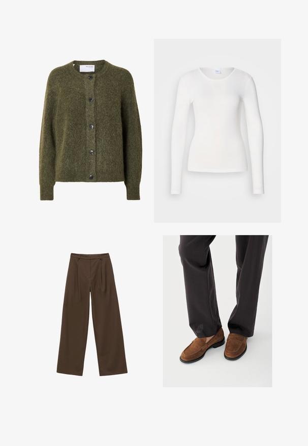 Cardigan vert olive foncé duveteux à boutons, manches longues et col rond, étiquette « SELECTED FEMME » à l'intérieur du col.; Chemise blanche à manches longues en tissu doux et lisse ; présente un col rond et une coupe ajustée, sans motifs ni embellissements.; Pantalons amples marron avec une texture lisse, dotés de plis à l'avant, d'une taille haute et d'un design classique adapté à diverses occasions.; Mocassins en daim marron avec une texture lisse, ornés de détails cousus à l'avant et une semelle en caoutchouc noire, associés à un pantalon noir.