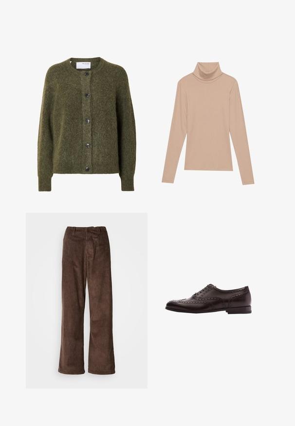 Mørk olivengrøn, blød cardigan med knapper, lange ærmer og rund halsudskæring, mærket "SELECTED FEMME" indeni kraven.; Beige langærmet ribbet turtleneck-top med høj krave, præsenteret fladt på en lys baggrund.; Brune fløjl bukser med en bred benudskæring, der har lodrette ribber og en talje. Stoffet har et blødt, tekstureret udseende.; Brune læder dress sko med brogue-detaljer, snørebånds lukning, rund tå og en lav stablet hæl. Poleret finish og indviklede perforeringer.