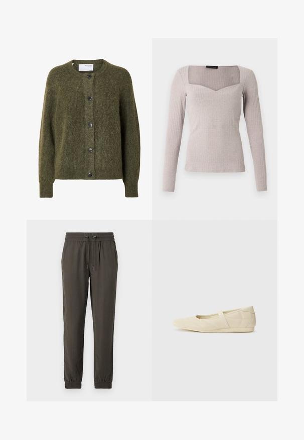 Mørk olivengrøn, blød cardigan med knapper, lange ærmer og rund halsudskæring, mærket "SELECTED FEMME" indeni kraven.; Langærmet top i lysegråt ribbet stof med firkantet halsudskæring med V-formet front, figursyet pasform og glat tekstur.; Mørkegrønne joggerbukser lavet af letvægtsstof, udstyret med en elastisk talje med snor og elastiske manchetter ved anklerne.; Lysebrune ballet flats med en glat læderoverflade, mandelformet tå og elastisk rem over vristen, med diskrete syninger.