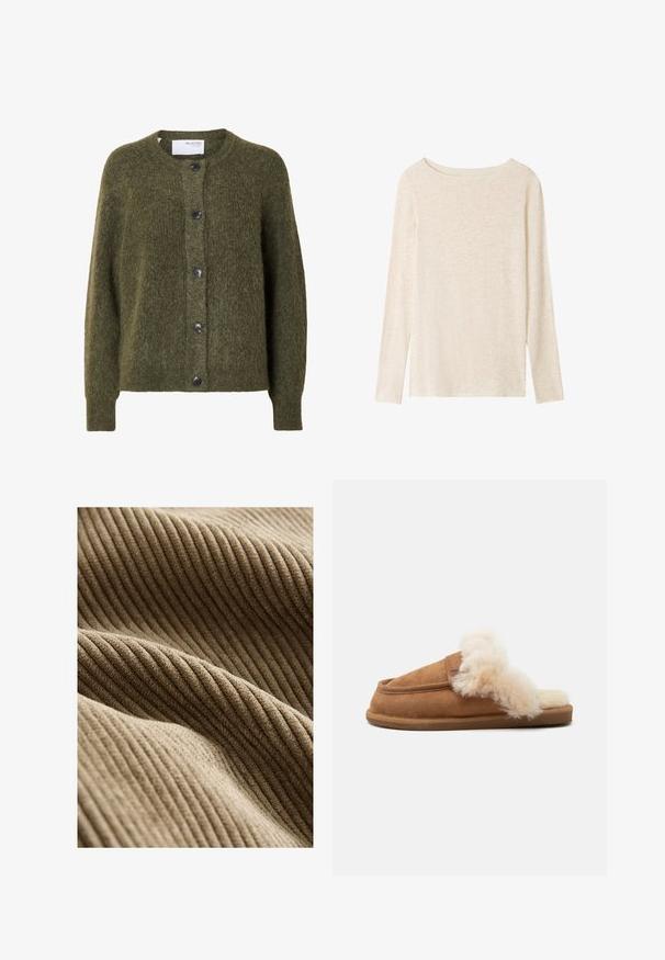 Donkergroene, zachte, gebreide cardigan met knopen, lange mouwen en een ronde hals, met het label "SELECTED FEMME" aan de binnenkant van de kraag.; Lichtbeige fijngebreide top met lange mouwen, boothals en een subtiele gemêleerde structuur.; Beige geribbelde stof met een zachte textuur, met zichtbare getextureerde lijnen en een pluizig gevoel. Het materiaal heeft een warme, uitnodigende uitstraling.; Bruine suède instap pantoffel met een donzige crème bontvoering en afwerking, platte zool, zijaanzicht op een witte achtergrond.