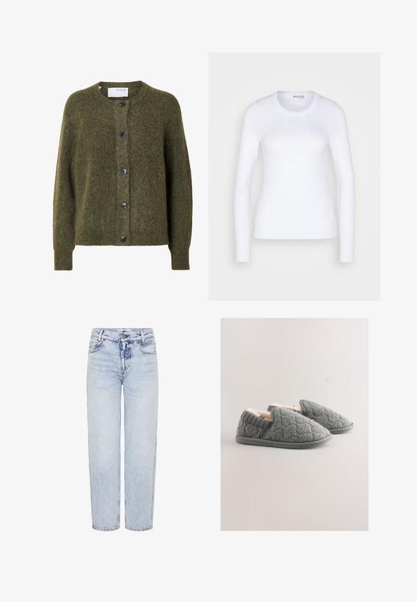 Cárdigan oscuro verde oliva con textura suave, botones, mangas largas y escote redondo, con etiqueta "SELECTED FEMME" en el interior del cuello.; Selected SLFDIANNA O NECK - Camiseta de manga larga - bright white; Jeans de mezclilla de tiro alto en color azul claro; corte recto con bolsillos frontales, cierre de botón y patrones de desvanecimiento mínimos.; Zapatillas grises con textura acolchada, forro suave y cuello de punto elástico. Forma redondeada y suela de goma para uso en interiores.