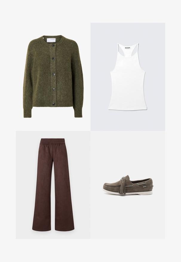 Dunkel olivgrüner, flauschiger Cardigan mit Knopfleiste, langen Ärmeln und rundem Ausschnitt, innen am Kragen mit „SELECTED FEMME“ beschriftet.; Weißes Racerback-Tanktop mit hohem Ausschnitt und einem "WEEKDAY"-Etikett am hinteren Kragen, flach auf hellem Hintergrund ausgelegt.; Braune weite Hosen aus weichem Stoff, mit einem elastischen Bund und einer glatten, matten Textur, ohne sichtbare Taschen oder Muster.; Brauner Wildleder-Mokassin mit weißer Sohle, dekorativen Schnürsenkeln und Quasten, mit Sebago-Branding an der Seite.