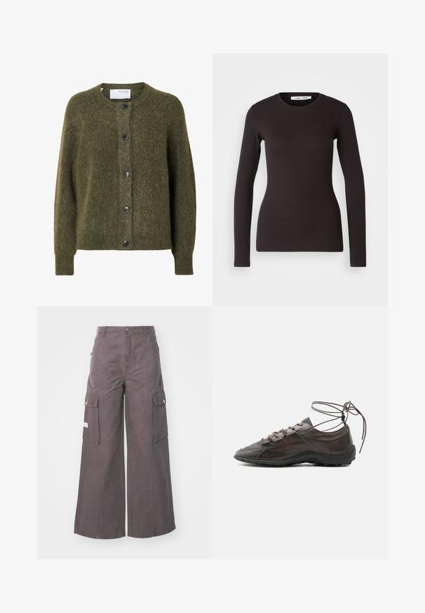 Mørk olivengrøn, blød cardigan med knapper, lange ærmer og rund halsudskæring, mærket "SELECTED FEMME" indeni kraven.; Langærmet sort top lavet af blødt, strækbart stof. Har en rund halsudskæring og tætsiddende pasform med en glat tekstur og uden synlige mønstre.; Grå cargo bukser med bred ben og lavet af robust stof, der har fire store lommer, en frontknaplukning og en afslappet pasform.; Brun lædersneaker med sort sål og lange snørebånd viklet omkring anklen, vist fra siden på en hvid baggrund.