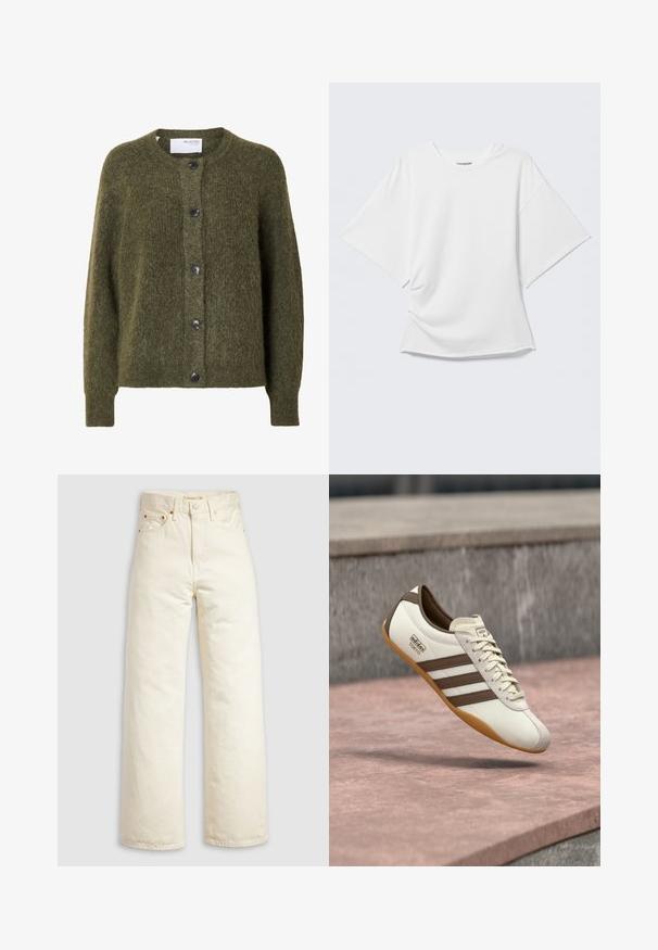 Mørk olivengrøn, blød cardigan med knapper, lange ærmer og rund halsudskæring, mærket "SELECTED FEMME" indeni kraven.; Hvid oversized T-shirt med korte ærmer og rund hals vist på en lysegrå baggrund.; Vidbenede jeans i offwhite denim med høj talje, kobbernitter og klassisk design med fem lommer. Struktureret stof med rene kanter.; Hvid sneaker med brune accenter og tre striber, med en ruskindsnæse, cremefarvede snørebånd og en sål af gummigummi. Mærkets logo vist.