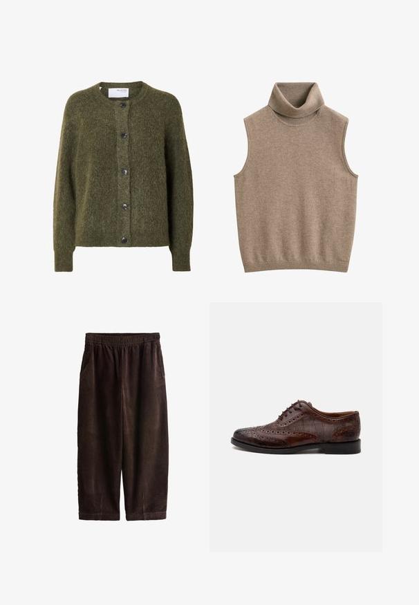 Mørk olivengrøn, blød cardigan med knapper, lange ærmer og rund halsudskæring, mærket "SELECTED FEMME" indeni kraven.; Ærmeløs beige strikket polo-vest med ribkant ved hals og kant, lavet af blødt stof.; Mørkebrune kordfløjlsbukser med elastisk talje og lige ben, vist mod en hvid baggrund.; Brun læder herre wingtip selskabssko med brogue-detaljer og ternede stofsider, vist fra siden på en hvid baggrund.