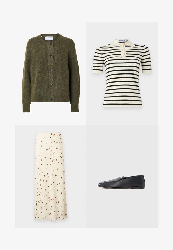 Mørk olivengrøn, blød cardigan med knapper, lange ærmer og rund halsudskæring, mærket "SELECTED FEMME" indeni kraven.; Kortærmet polo med ribstrik, der har en cremefarvet bund med sorte, vandrette striber. Indeholder også tre knapper i guldfarve og en krave.; Lang cremefarvet nederdel med spredte brune uregelmæssige pletter, ankel-lang og lige snit.; Sorte læderloafers med en glat tekstur, rundet tå og subtile syningsdetaljer. Har en guldfarvet logoaccent på oversiden.