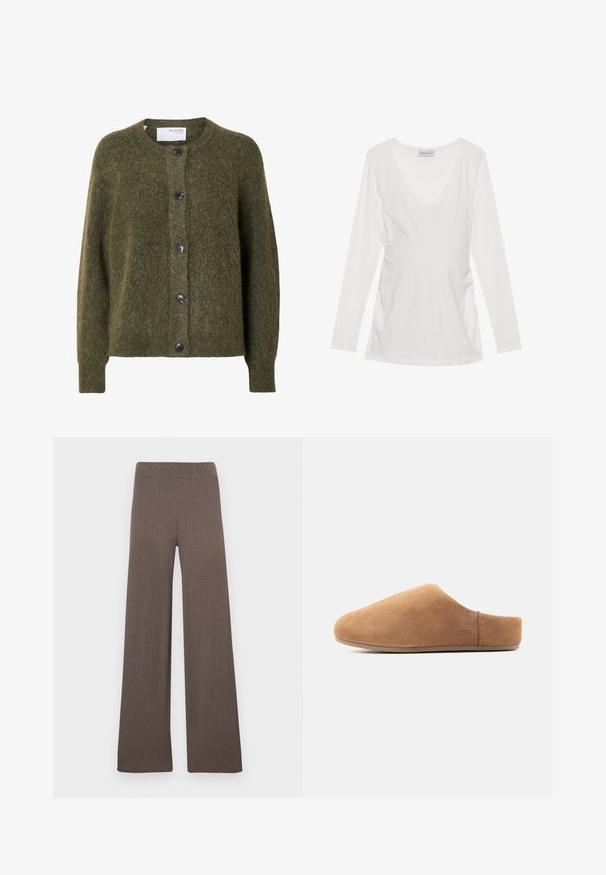 Mørk olivengrøn, blød cardigan med knapper, lange ærmer og rund halsudskæring, mærket "SELECTED FEMME" indeni kraven.; Hvid langærmet top med V-hals, der har samlingdetaljer i siderne. Fremstillet af blødt, glat stof med et afslappet design.; Ribstrikkede bukser med vide ben i en mørkebrun farve, med elastisk taljebånd og blødt, tekstureret stof.; Tan ruskind slip-on hjemmesko med lukket tå, åben hæl, flad sål og lille UGG-logo på siden, vist i profil.