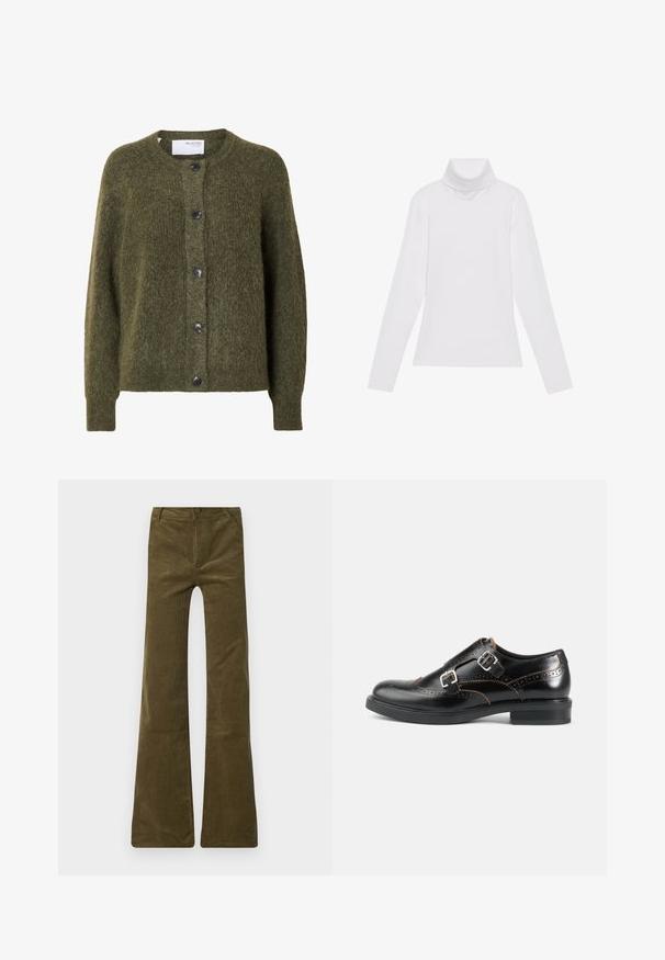 Mørk olivengrøn, blød cardigan med knapper, lange ærmer og rund halsudskæring, mærket "SELECTED FEMME" indeni kraven.; Hvid langærmet turtle-neck top lavet af glat, strækbart stof. Har en høj krave og tætsiddende design, uden synlige mønstre eller udsmykninger.; Oliven grønne fløjlsbukser med flare, med knaplukning og lynlås foran. Har forlommer og en blød, tekstureret overflade.; Sort læder dobbelt munkestrop sko med brogue perforeringer, sølvspænder og lav hæl på hvid baggrund.
