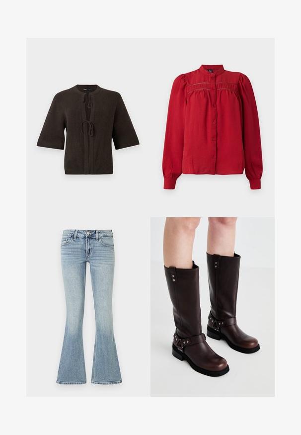 Brun strikket cardigan med korte ærmer, med rund hals og bindebånd foran. Glat overflade, minimalistisk design.; Rød langærmet bluse med opretstående krave, knaplukning fortil, plisseret yoke-detalje og draperet stof under brystet og ved manchetterne.; Lyseblå denim flared jeans med frontknaplukning, fem lommer og let falmning langs benene.; Brune læder knæ-høje støvler med en glat tekstur, der har en bred rem og trekantede metal detaljer samt flade gummisåler.