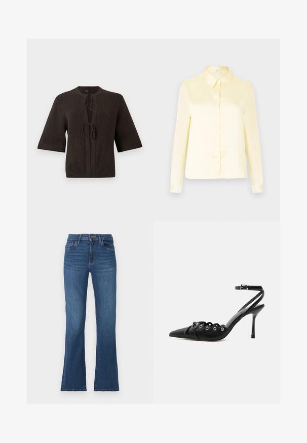 Brun strikket cardigan med korte ærmer, med rund hals og bindebånd foran. Glat overflade, minimalistisk design.; Langærmet lys gul satinbluse med knap-åben front og klassisk krave på ensfarvet baggrund.; Udsvingende blå denimjeans med høj talje, fem lommer og kontrastfarvet syning. Med knap- og lynlåslukning, let slidt tekstur.; Sort spids hæl med bølgede kanter, metaløjer, snørelukning foran og ankelrem med spænde.