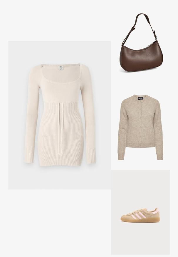 Cardigan de punto beige con cuello redondo, cierre de botones, mangas largas y puños acanalados. Fabricado con un tejido suave y texturizado.; Suéter de punto de manga larga color beige con escote cuadrado, textura acanalada, detalle de cordón en la cintura y silueta ajustada.; Zapatilla beige Adidas Munich con rayas rosas, suela de goma y texto dorado "Munich" en el lateral, mostrada desde el interior sobre fondo blanco.; Pequeño bolso bandolera de cuero marrón con correa ajustable y cierre de cremallera, mostrado sobre un fondo blanco. Sin logotipos ni adornos visibles.