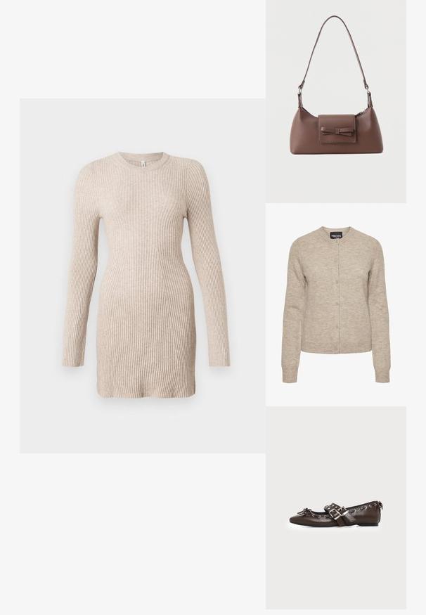 Beige gebreide cardigan met een ronde halslijn, knoopsluiting, lange mouwen en geribde manchetten. Gemaakt van zachte, gestructureerde stof.; Beige geribbelde gebreide jurk met lange mouwen, een getailleerde taille en een ronde halslijn op een witte achtergrond.; Donkerbruine leren platte schoen met puntige neus, dubbele zilveren gespsluitingen, metalen klinknagels en een decoratief strikje aan de voorkant.; Bruine leren schoudertas met een voorvak met klep en een gestikte strikdetail en een verstelbare band.
