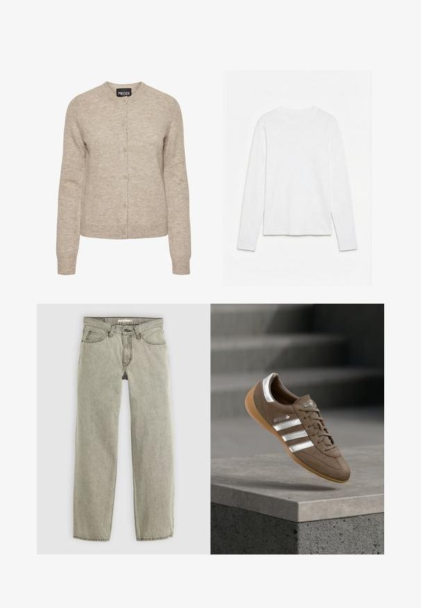 Beige neulecardigan, jossa on pyöreä kaula-aukko, nappikiinnitys, pitkät hihat ja ribbireunat. Valmistettu pehmeästä, tekstuuripintaisesta kankaasta.; Yksivärinen valkoinen pitkähihaisen pyöreäkauluksinen paita asetettuna tasaiselle valkoiselle pinnalle, joka esittää paidan etupuolen ja koko hihaosan pituuden.; Vaaleanharmaat suoranlahkeiset farkut, joissa on edessä nappi- ja vetoketjukiinnitys, vyölenkit ja viisi taskua.; Ruskeat mokkanahkakengät valkoisilla raidoilla ja hopeisilla yksityiskohdilla, joissa on teksturoitu päällinen, nauhallinen malli ja kumipohja.
