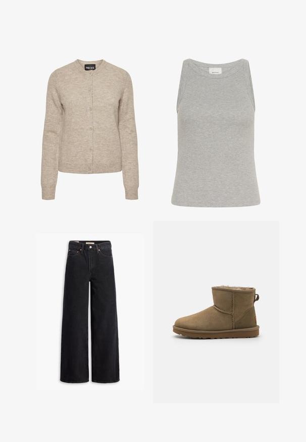 Beige neulecardigan, jossa on pyöreä kaula-aukko, nappikiinnitys, pitkät hihat ja ribbireunat. Valmistettu pehmeästä, tekstuuripintaisesta kankaasta.; Harmaa ribbineulottu toppi, jossa pyöreä kaula-aukko ja hihaton malli. Valmistettu pehmeästä kankaasta, istuu vartalonmyötäisesti ja siinä on minimaaliset saumat.; Musta leveälahkeinen farkut, joissa on viisi taskua, kupariset niitit ja klassinen nappisulku. Sileä pinta ja selkeä muotoilu.; Ruskea mokkanahkainen nilkkBoot, jossa on pehmeä ja karvainen vuori, pyöreä kärki ja lenkkikorostus takaosassa. Litteä kumipohja, jossa on teksturoidut pinta.