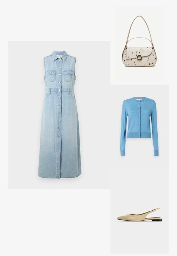 Un cardigan bleu clair avec un col rond, des manches longues et une fermeture à boutons. Fabriqué dans un matériau doux avec des accents côtelés au niveau de l'ourlet.; Robe sans manches en denim, bleu clair, avec fermeture à boutons à l'avant, deux poches poitrine, taille cintrée et jupe longue à coupe droite.; Chaussure plate beige à bout pointu avec bride arrière, petit talon noir et finition en cuir lisse, vue de côté sur un fond uni.; Sac à main couleur crème avec des taches marron, rabat incurvé avec une fermeture métallique circulaire, doté de deux fines anses, dont une plus longue pour porter à l'épaule.