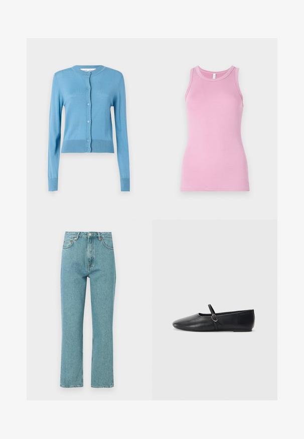 Un cardigan bleu clair avec un col rond, des manches longues et une fermeture à boutons. Fabriqué dans un matériau doux avec des accents côtelés au niveau de l'ourlet.; Top rose en débardeur avec une coupe ajustée, présentant un col rond et une texture côtelée. Aucun motif ni accent présent.; Jeans bleu clair taille haute avec une coupe droite. Fabriqués en denim, comportent des poches frontales et une fermeture à bouton.; Ballerines noires en cuir avec un bout pointu, une semelle plate et une petite sangle avec un détail de boucle en argent.