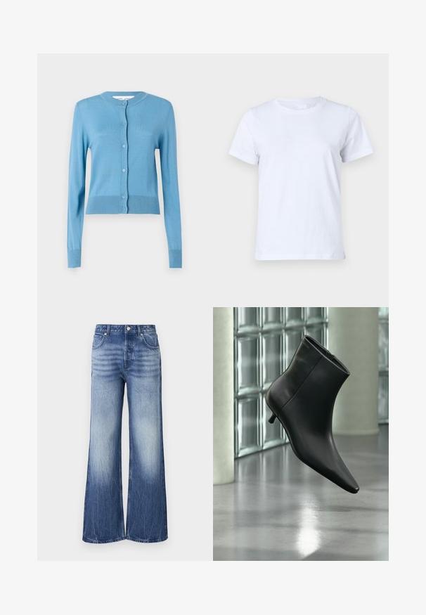 Un cardigan bleu clair avec un col rond, des manches longues et une fermeture à boutons. Fabriqué dans un matériau doux avec des accents côtelés au niveau de l'ourlet.; T-shirt en coton blanc, à manches courtes, design classique à col rond, texture unie sans motifs ni accents, coupe standard, simple et polyvalente.; Jean large bleu clair en denim, avec une taille haute, une texture délavée et une étiquette de marque sur la poche arrière.; Bottine en cuir noir à bout pointu et petit talon kitten, présentée en angle devant un sol poli et un mur en blocs de verre.