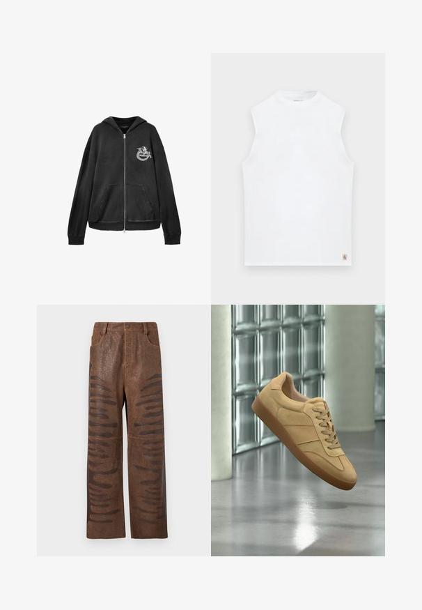 Sweat à capuche noir avec fermeture éclair, poches avant, un motif de dragon blanc et le texte "AllSaints" sur le côté gauche de la poitrine.; Haut blanc sans manches avec col rond, avec une petite étiquette logo Calvin Klein en bas à droite de l'ourlet.; Pantalons en simili cuir marron avec une finition texturée, dotés de découpes horizontales allongées le long des côtés et d'un design à jambes droites.; Baskets beiges en daim avec semelle en gomme, design à lacets, flottant à l'intérieur sur un sol en béton poli près d'un mur en blocs de verre.