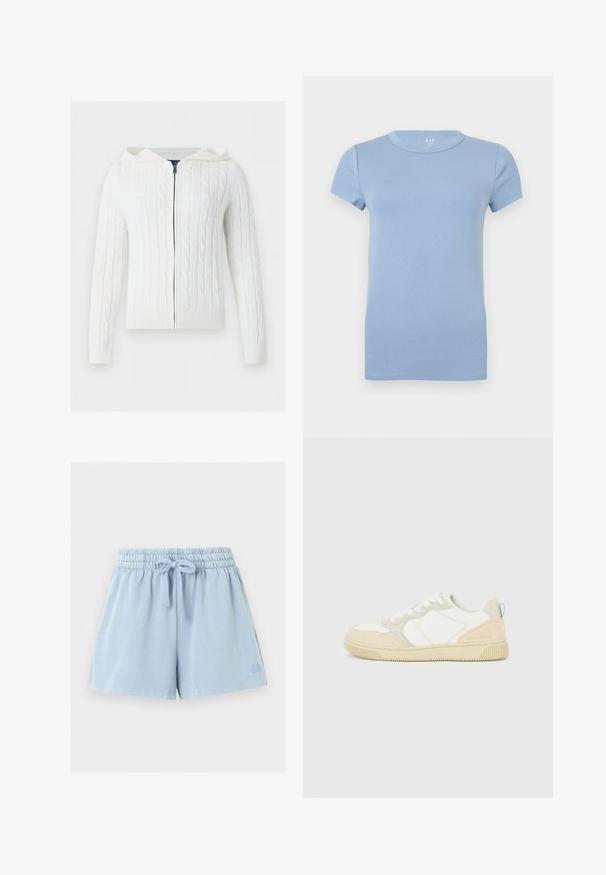 Sweat à capuche blanc en maille torsadée avec fermeture éclair, manches longues et poignets et ourlet côtelés sur fond uni.; T-shirt bleu clair à manches courtes et col rond, design uni, présenté à plat sur un fond blanc.; Shorts à taille élastique bleu clair avec cordon de serrage et logo discret sur la partie inférieure de la jambe gauche, présentés sur un fond uni.; Baskets blanches et beiges avec dessus en suède et textile, présentant des coutures contrastées, une semelle en caoutchouc et un accent bleu clair sur le talon.