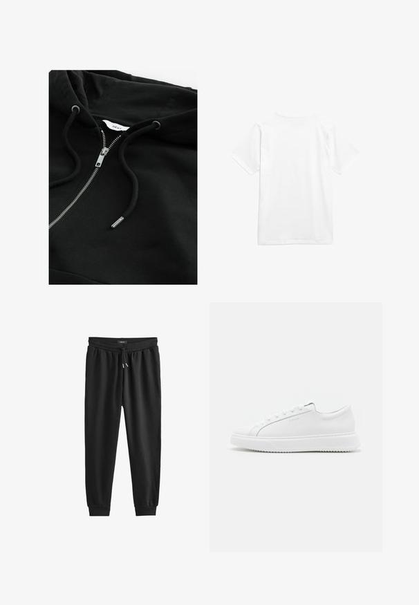 Sort zip-up hoodie med snortræk i hætten, metallisk lynlås og struktureret stof. Har et lille brandetiket inde i halsudskæringen.; Hvid bomulds t-shirt med korte ærmer og rund halsudskæring. Stoffet ser glat ud uden mønstre eller synlig hardware.; Sorte sweatpants lavet af blødt stof, med en elastisk talje med snøre, tætsiddende ben og ribbede manchetter ved anklerne.; Hvide sneakers lavet af glat syntetisk materiale. Har et lavt design, forhøjet hvid sål, rund tå og snørebånd foran med fem snøre-huller.