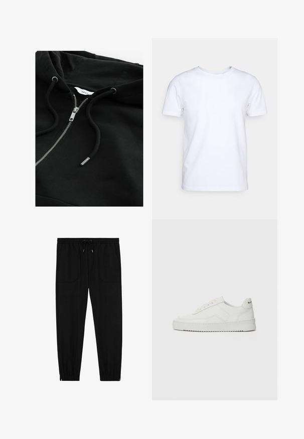 Sort zip-up hoodie med snortræk i hætten, metallisk lynlås og struktureret stof. Har et lille brandetiket inde i halsudskæringen.; Hvid kortærmet t-shirt i bomuldsstof med rund halsudskæring. Enkel design uden mønstre eller detaljer. Glat tekstur.; Sorte joggingbukser med elastik i taljen, snøre, forlommer med lapper og elastiske manchetter på hvid baggrund.; Hvide lædersneakers med en glat overflade, rund tå, flade snørebånd og en tekstureret sål. Har et diskret logo på hælen.