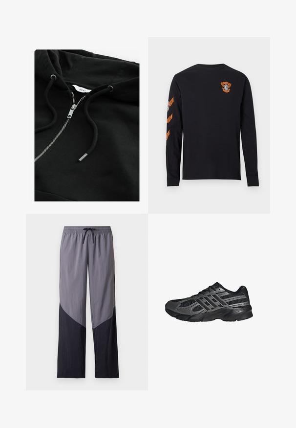 Sort zip-up hoodie med snortræk i hætten, metallisk lynlås og struktureret stof. Har et lille brandetiket inde i halsudskæringen.; Sort langærmet T-shirt i bomuld med en orange logo med vinger på venstre bryst og orange accenter på begge ærmer.; Lysegrå og sorte farveblokke casual bukser med elastisk taljebånd og sort snøre foran.; Sorte træningssko lavet af mesh og syntetiske materialer, med en tekstureret overflade, flere grå striber og en polstret krave.