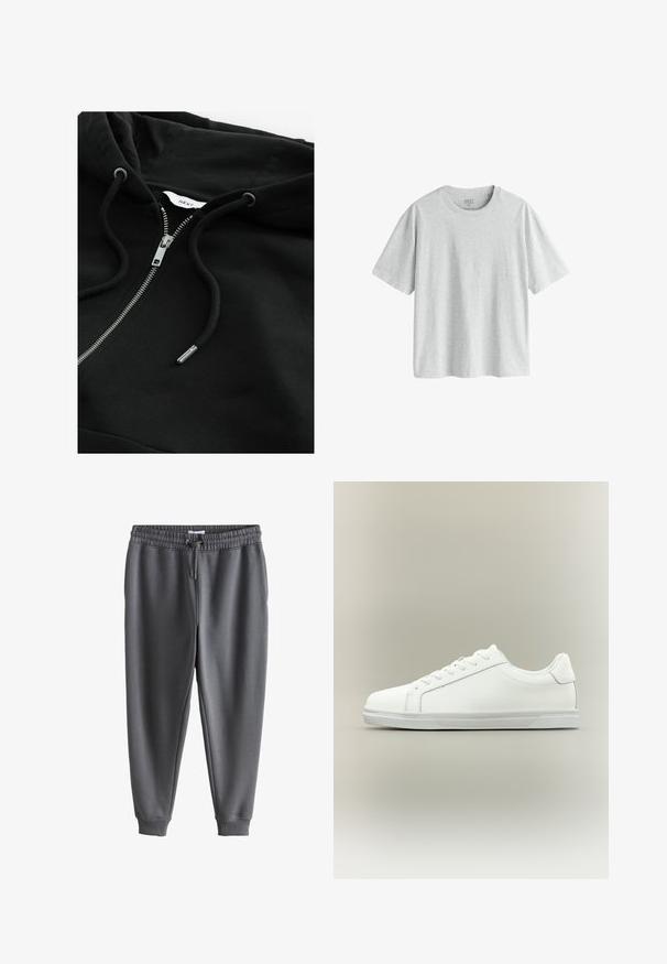 Sort zip-up hoodie med snortræk i hætten, metallisk lynlås og struktureret stof. Har et lille brandetiket inde i halsudskæringen.; Lysegrå T-shirt med korte ærmer lavet af et blødt, glat stof med rund hals og løs pasform. Ingen synlige mønstre eller grafik.; Mørkegrå joggingbukser med elastisk talje og snøre, tilspidsede ben og ribkant ved anklerne.; Lavtop hvid sneaker med snørelukning foran og tekstureret gummisål mod en ensartet neutral baggrund.